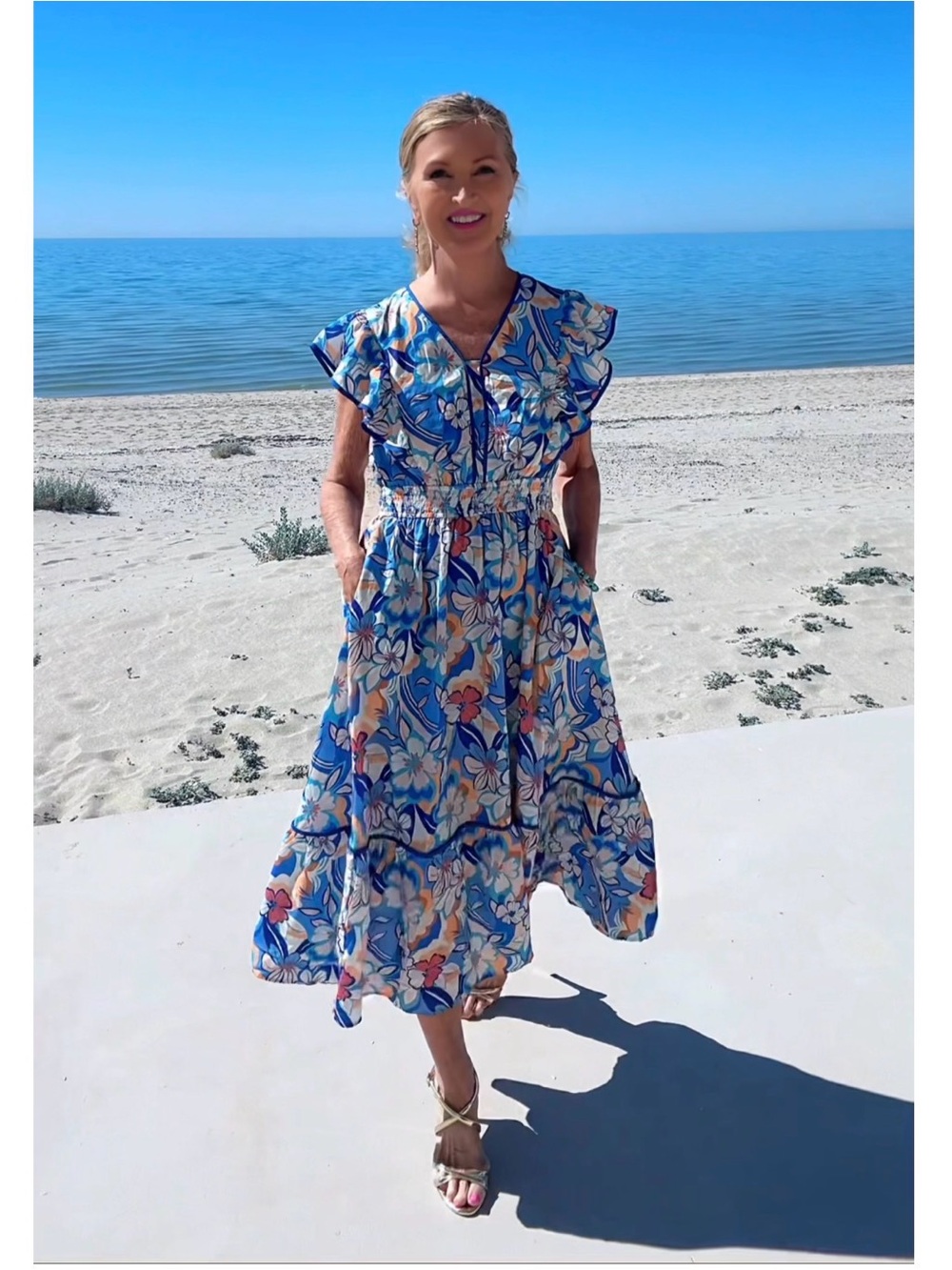 NWT Blue Floral Flutter Sleeve Midi Pocket Dress-S - Picture 6 of 13